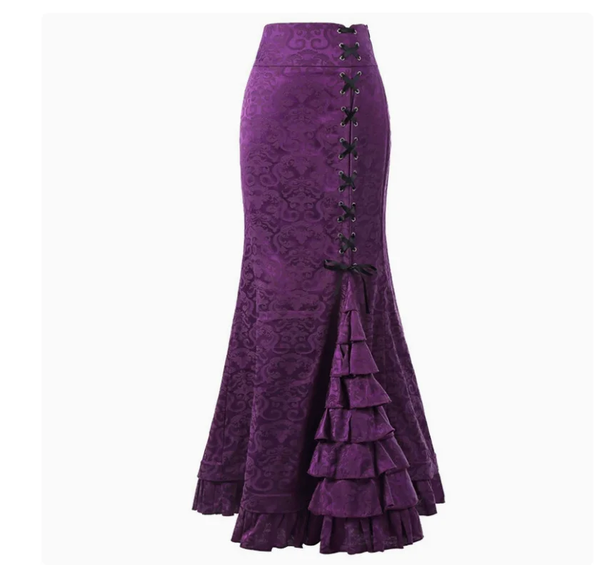 1pcs/lot Women Skirt Vintage Style Retro Mermaid Skirt Vintage Long Ruffle Slim Fishtail Skirt Lace-up Long Print Skirt
