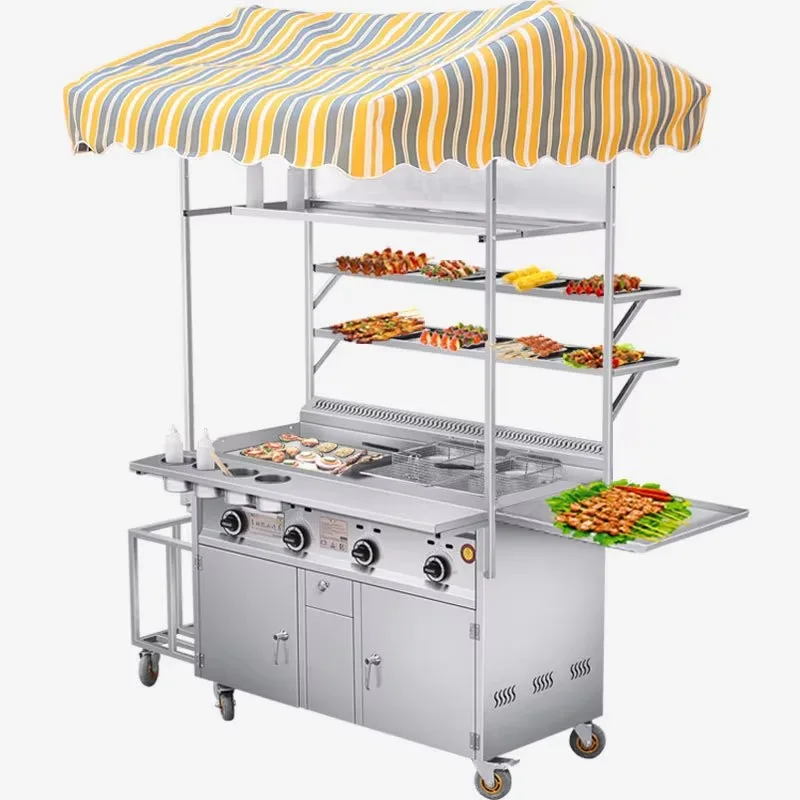

Gas-powered mobile snack cart Outdoor rolling food selling cart with baking pan thermal insulation function