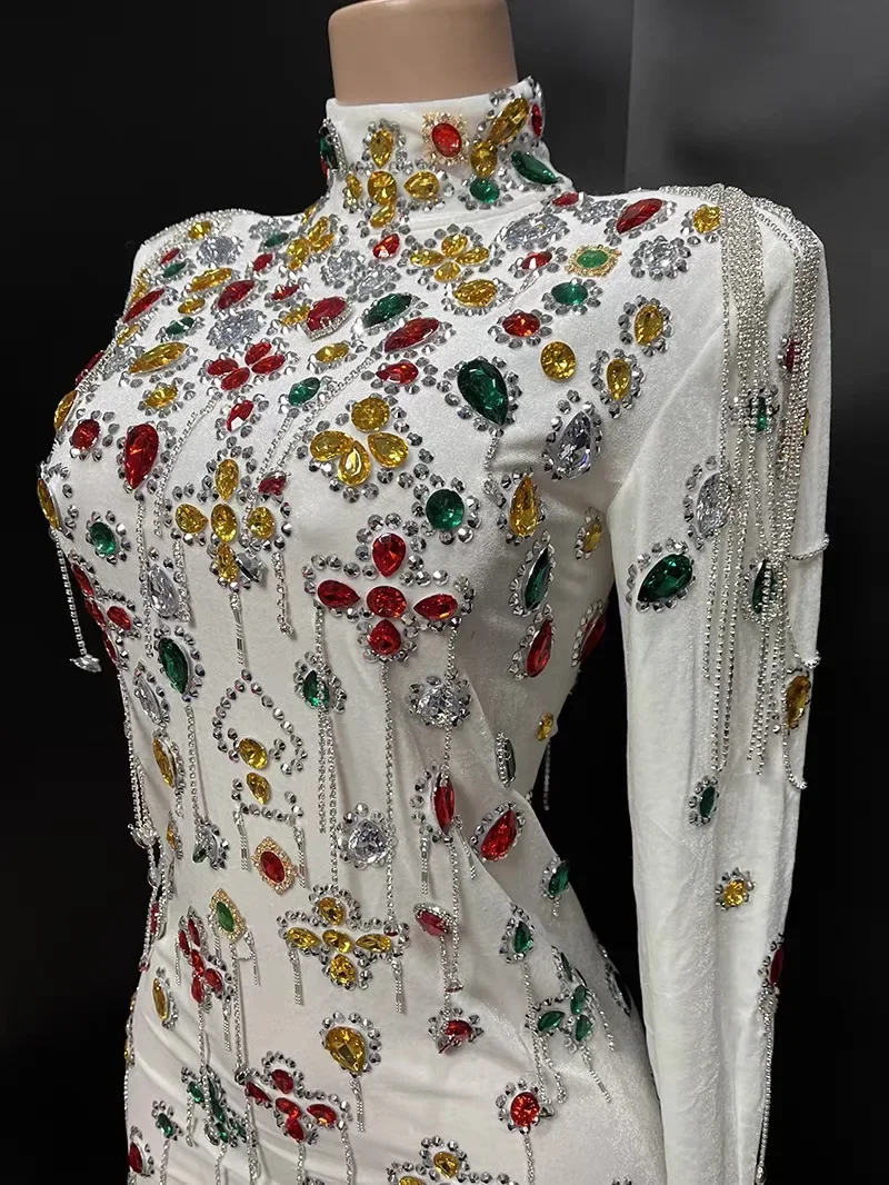 

Sparkly Women Luxury Crystals Rhinestone White Long Dress With Gloves