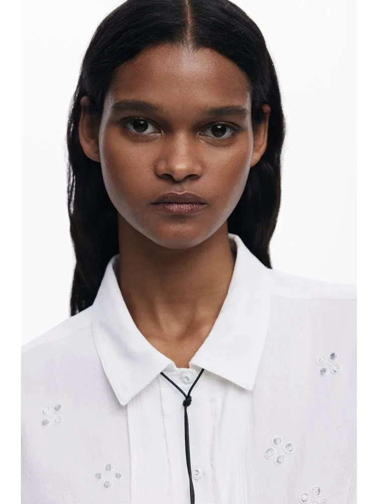 Foreign trade original embroidered square neck white long sleeved women's casual shirt, lightweight and breathable shirt