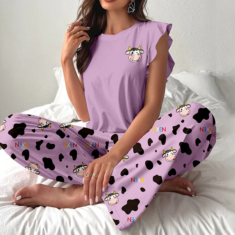 Women\'s Pajama Set Kapibala Cow Print Sleepwear Vest with Flying Sleeves and Trousers Cute Casual Pyjama Loungewear Autumn Mujer