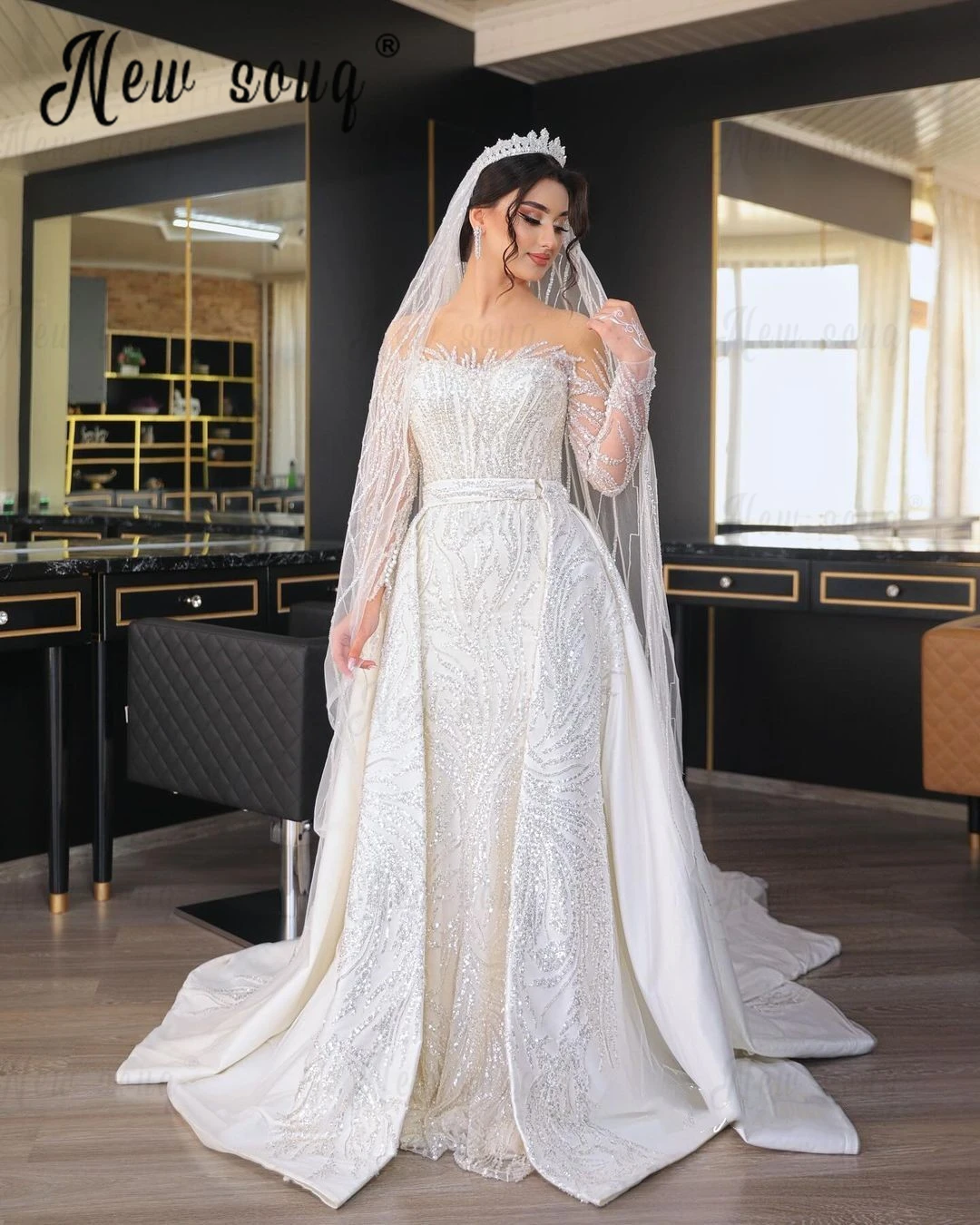 

Dubai Luxury Ivory Wedding Dress With Detachable Train Long Sleeve Beading Bridal Gown 2 in 1 Modern Wedding Gown Customized