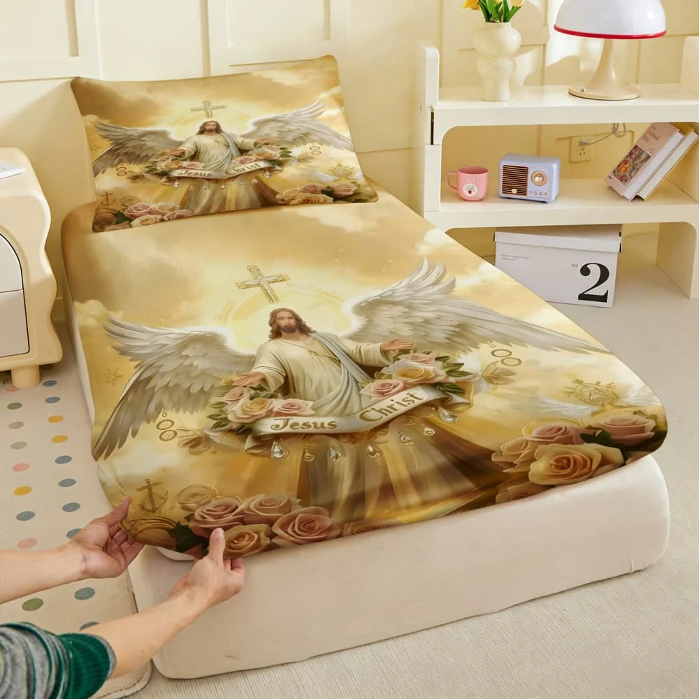 1pc Angelic Jesus Christ Print Fitted Sheet Deep Pocket Elastic Mattress Cover Single Double Queen King Bedroom Decor