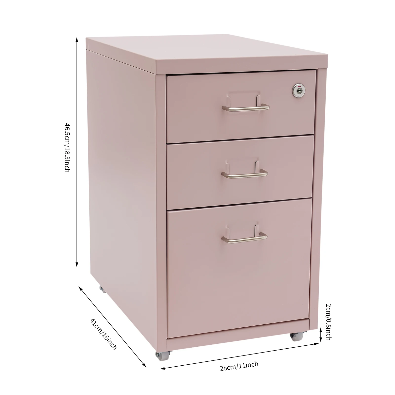 Pink Metal 28*41*46.5cm 3-layer Wheeled File Lock Cabinet Movable Locker Silent Drawer Filing Cabinet