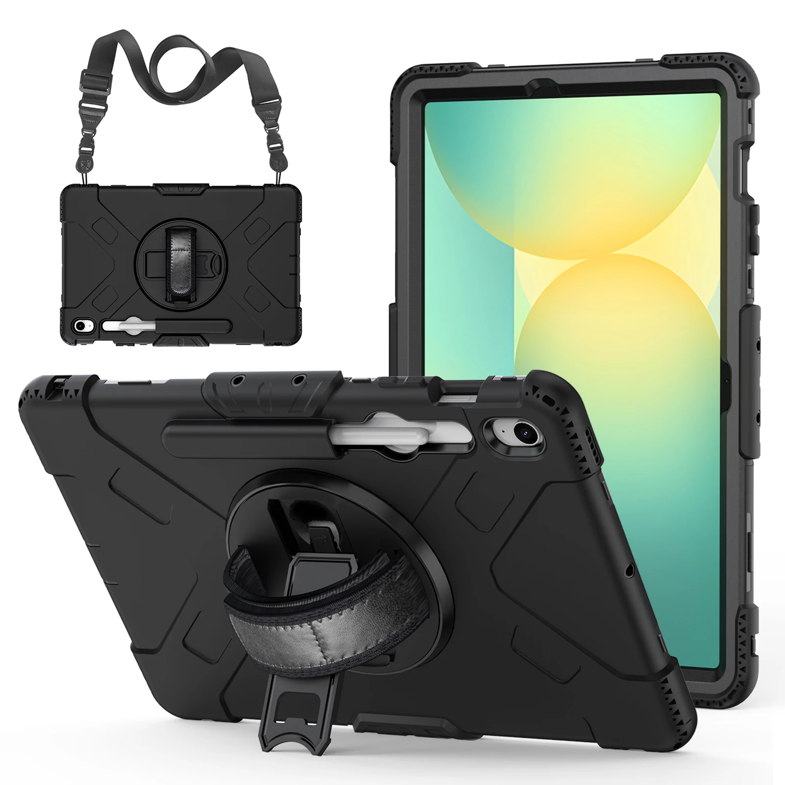 For Samsung Galaxy Tab S10 FE+ Kickstand Case Pen Slot PC + Silicone Tablet Cover with Shoulder Strap - Black