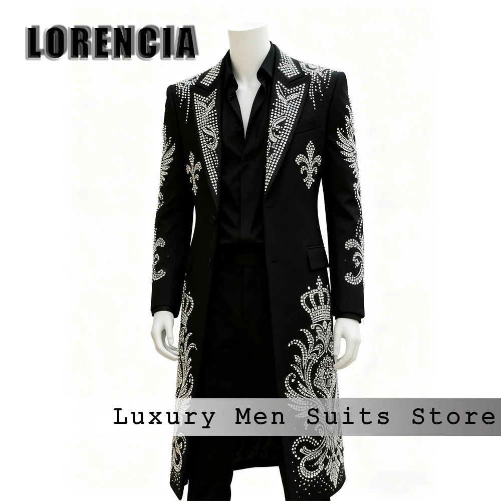 

Fashion Crystal Suits for Men 2 Pieces Long Jacket Tuxedos Wedding Party Outfits Customized Blazer Pants robe mariage femme