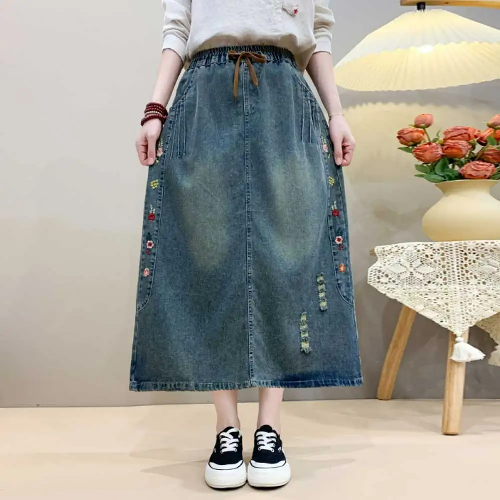 

Японские винтажные джинсовые юбки Mori Girl с цветочной вышивкой, женские осенние повседневные свободные джинсы-миди с высокой эластичной резинкой на талии