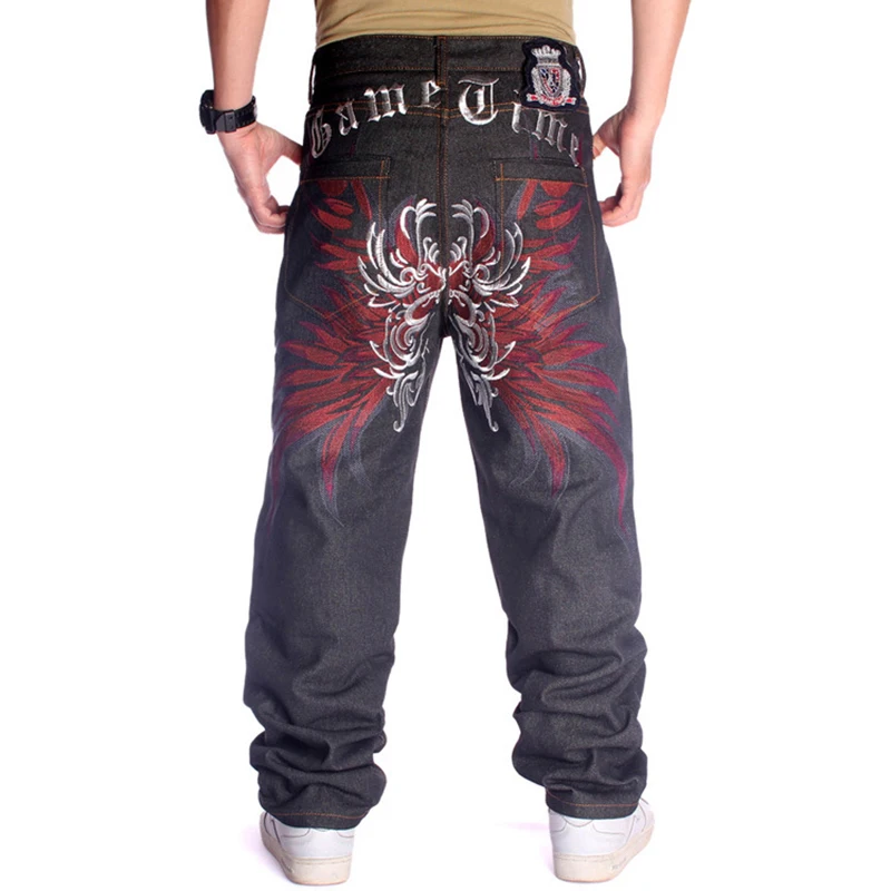 

Hip hop pants for men fashion street style loose baggy jeans plus size wings embroidery long trousers