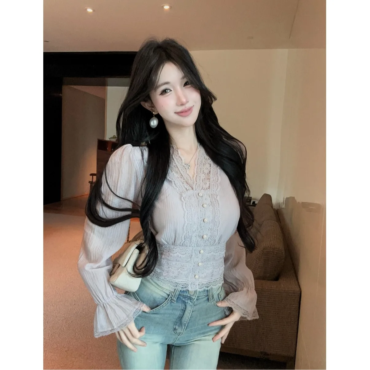 Elegant Lace Splice V-Neck Bell Sleeve Shirt Women's Early Autumn Fashion Sexy Chic Top Trendy Polyester Fiber High Waist Cit...