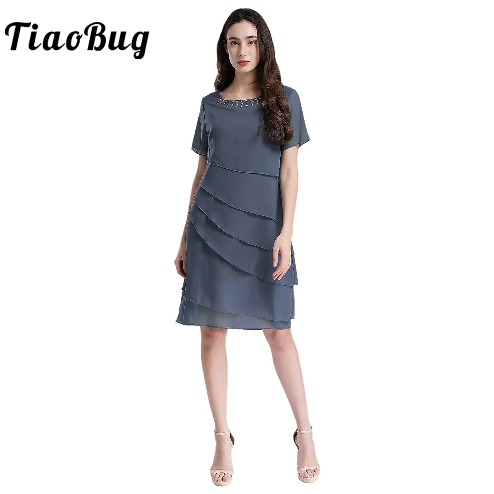 

Womens Elegant Tiered Chiffon Dress Shiny Vestido De Fiesta Short Sleeve Solid Color Dress for Party Casual Wear Woman's Dress