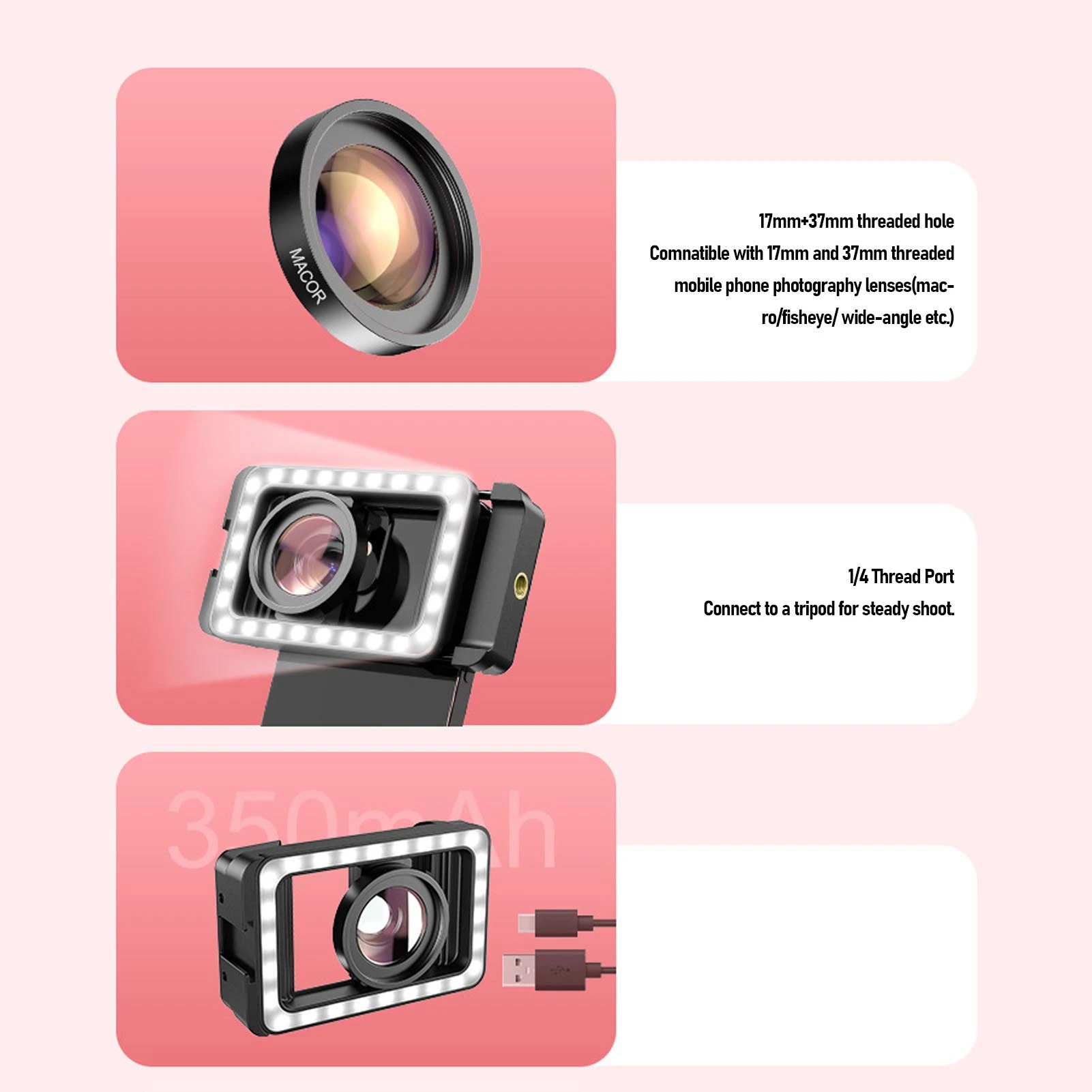 Andoer Phone LED Fill Light 2700-6500K Sturdy Pull Clip 17mm+37mm Thread Lens Adapter 95+ CRI for Kaleidoscope Lens