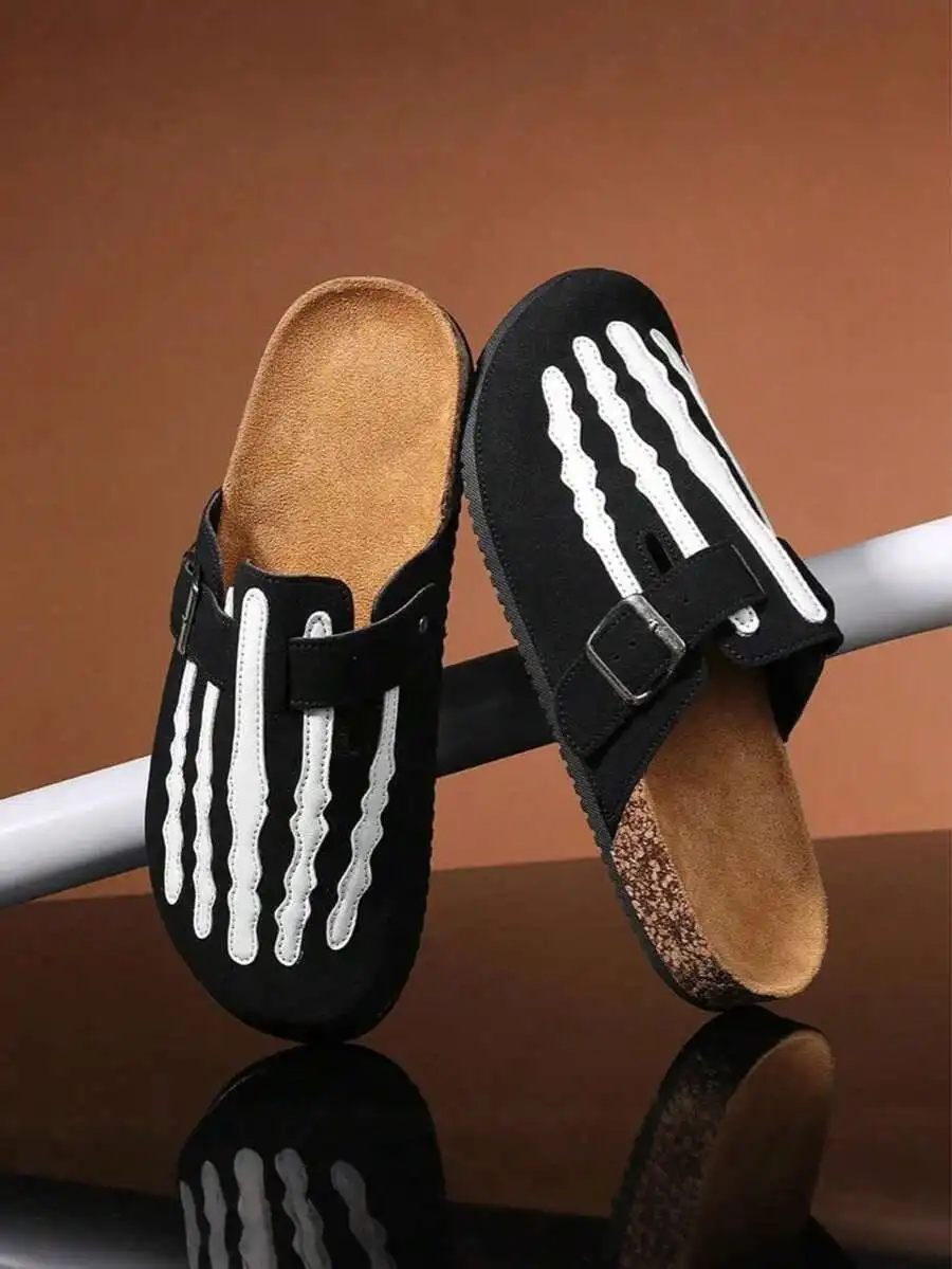 

Bone Embroidered Boken Shoes for Men Unique Design Fashionable Leather Women's Slippers Capsules Feet Flat Shoes Unisex