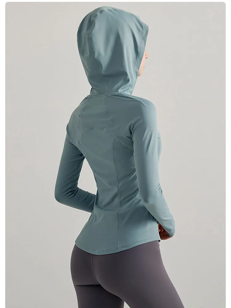 Sudadera con capucha deportiva para mujer, camisa de Yoga ajustada en relieve, camiseta de manga larga con agujero para el pulgar, para correr, gimnasio, entrenamiento, Top con capucha