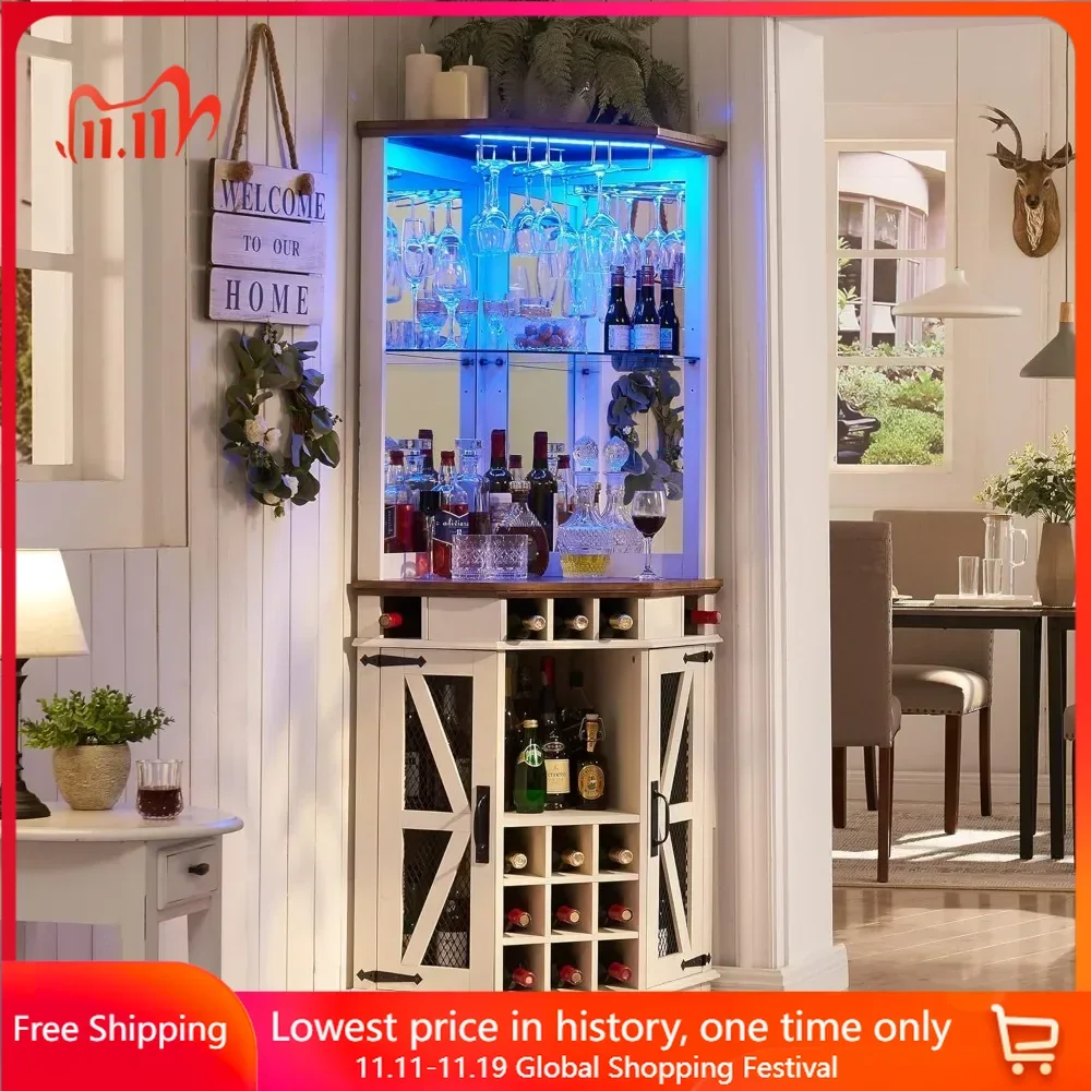 

Bar Storage Cabinet, 72" Tall Farmhouse Wine Bars Cabinets W/Barn Door & Adjustable Shelf, Home Bar Cabinet W/LED Light