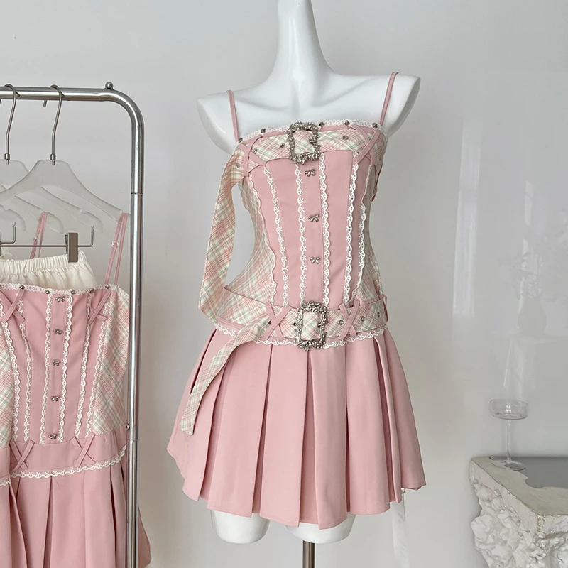 

Spaghetti Strap Pink Dress Women Sleeveless Patchwork Plaid Mini Dress Fashon Y2K Lace Pleated Short Dress