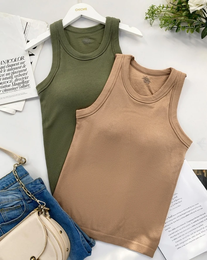 2 Piece Built-In Bra Crewneck Tank Top Women's Long Sleeve Top Slim Fit Layering Tops