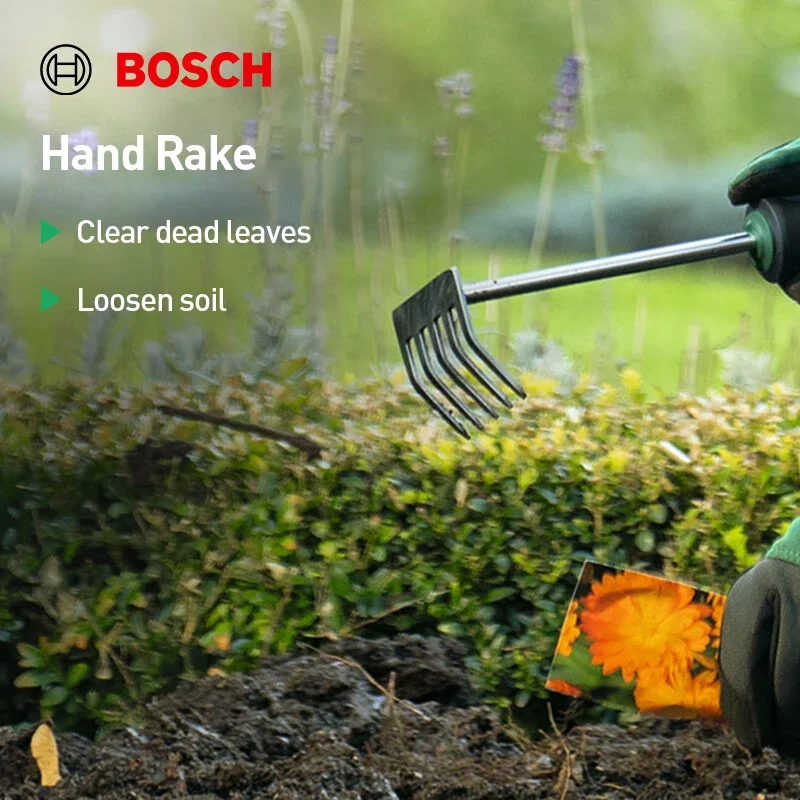 Bosch Hand Rake Ergonomic Design Soft Grip Handle Garden Hand Tools for Raking Weeding Clearing Garden Waste Debris