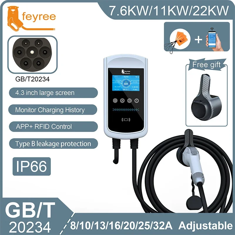 

feyree EV Charger GB/T Socket 7.6kw 32A Wallbox 4.3 inch Big Screen APP Charge History Record 11kw 22kw 3 Phase Charging Station