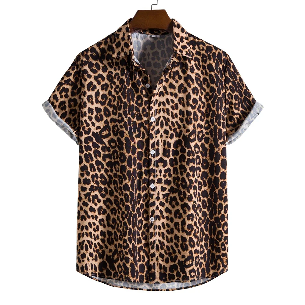 

Men Fashion Leopard Printed Shirt Slim Fit Short Sleeve Hawaiian Shirt Party Beachwear Casual Shirts Leopard Print Men's Clothes