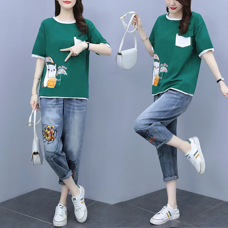 

Summer 2024 New Lady Set Womens Korean Print T-Thirt And Jeans Outfit Female Plus Size Loose Casual Suit Two Piece Sets 4XL