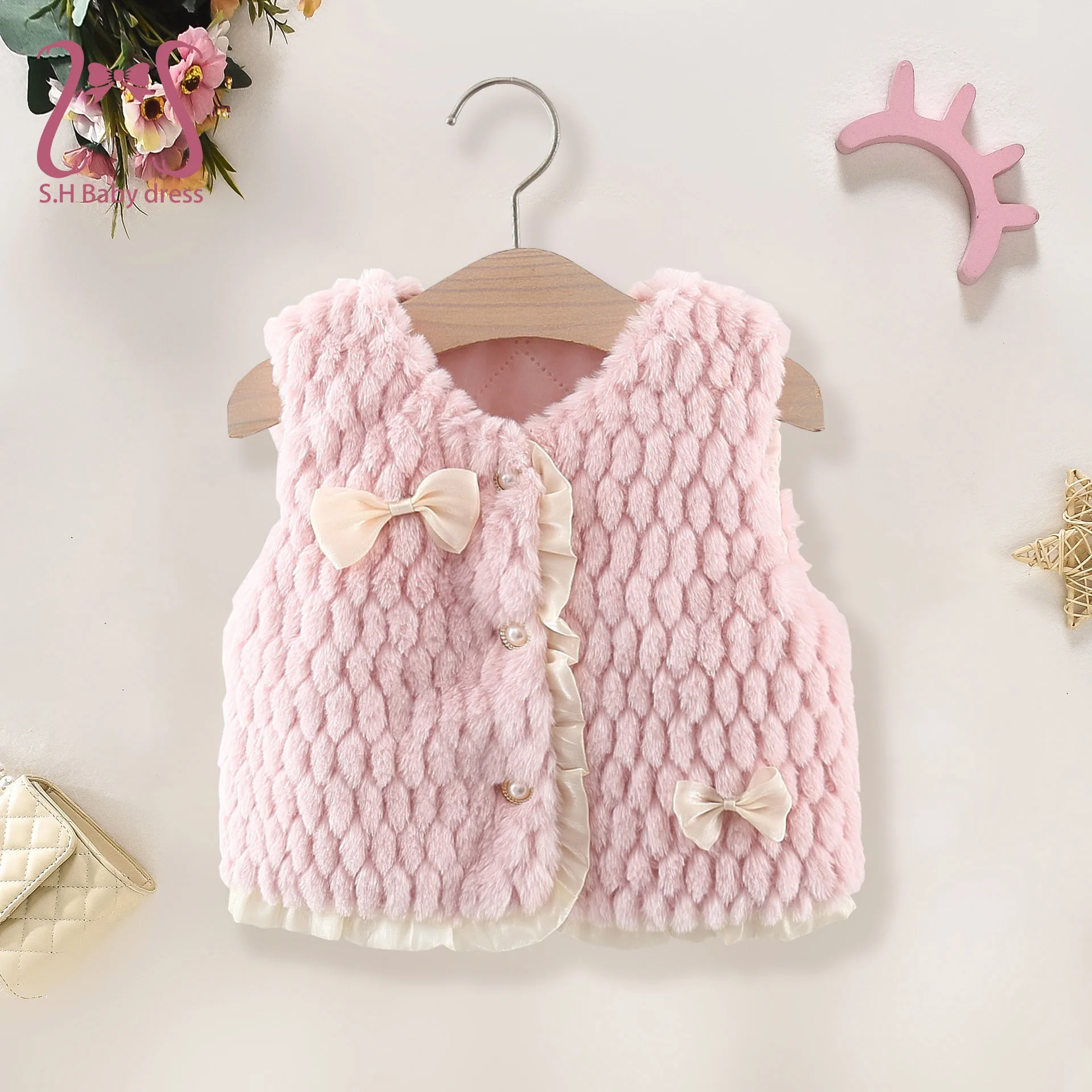 Winter Baby Girl Warm Vest Sweet Bow Children Clothing Toddler Pearl Button Costume 0-3 Y Kids\' Wear Comfortable Infants Clothes