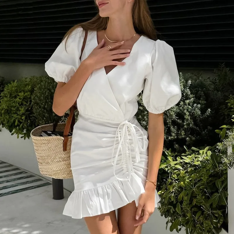 

Women Black High Waist Pleated Dress Temperament Commuting Summer Women's Clothes New Fashion Female Puff Sleeve Wrap Hip Dress