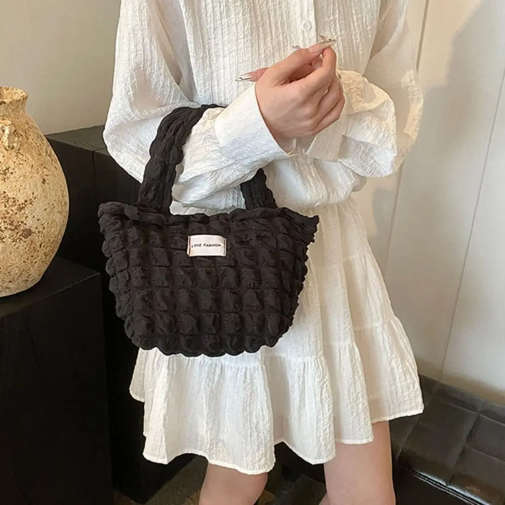 Pleated Bubble Handbag Women's Plaid Small Handbags with Zipper Travel Storage Shoulder Bags Solid Color Tote Armpit Bag