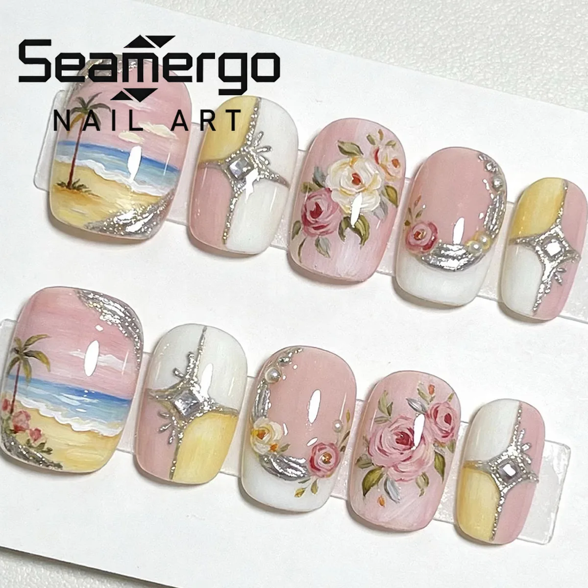 24PCS Pink Short Square Fake Nails with Hand Painted Beach S