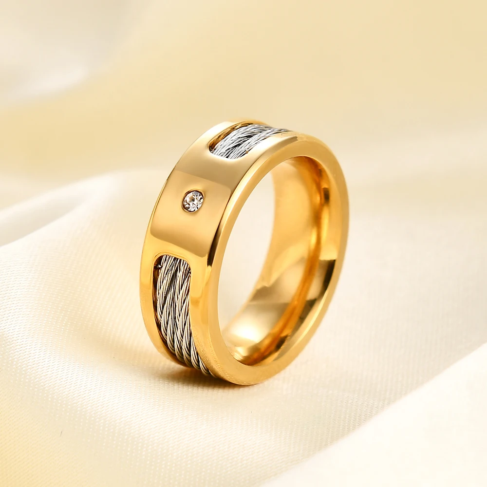 New 8MM diamond-encrusted cable, steel wire, smooth stainless steel ring, fashionable and versatile for women