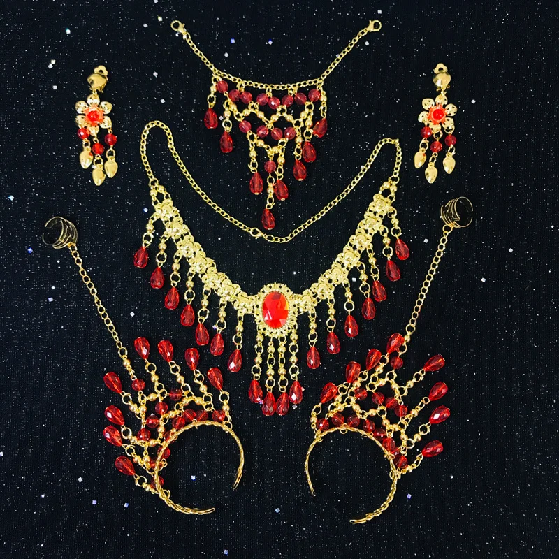 Indian Dance Sieraden Set Buikdans Sieraden Vrouw Voorhoofd Ketting Accessoire Wenkbrauw Druppel Neus Ketting Oorbel Armband Nagel Set