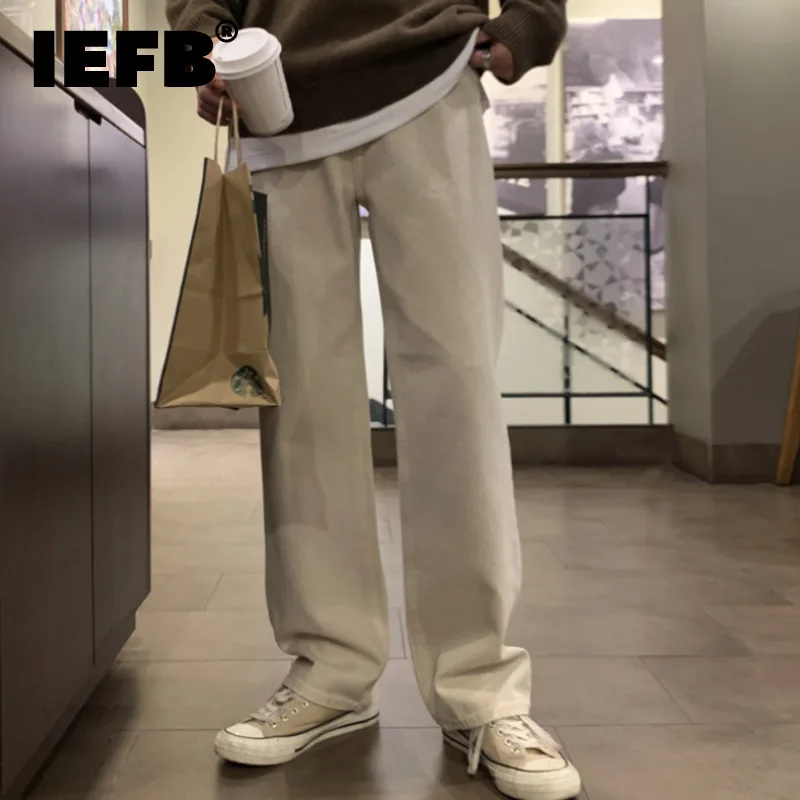 IEFB Korean Style Straight Cargo Pants Casual Zipper Solid Color Anti-wrinkle Trousers Wide Leg Loose Male Bottom Simple 9C8784