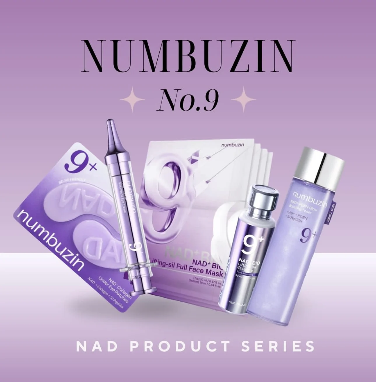 Numbuzin No.9+ Juego de cuidado de la piel que reduce el tiempo, esencia de elevación, crema para ojos con retinol, tóner PDRN, rutina completa antiarrugas para el brillo