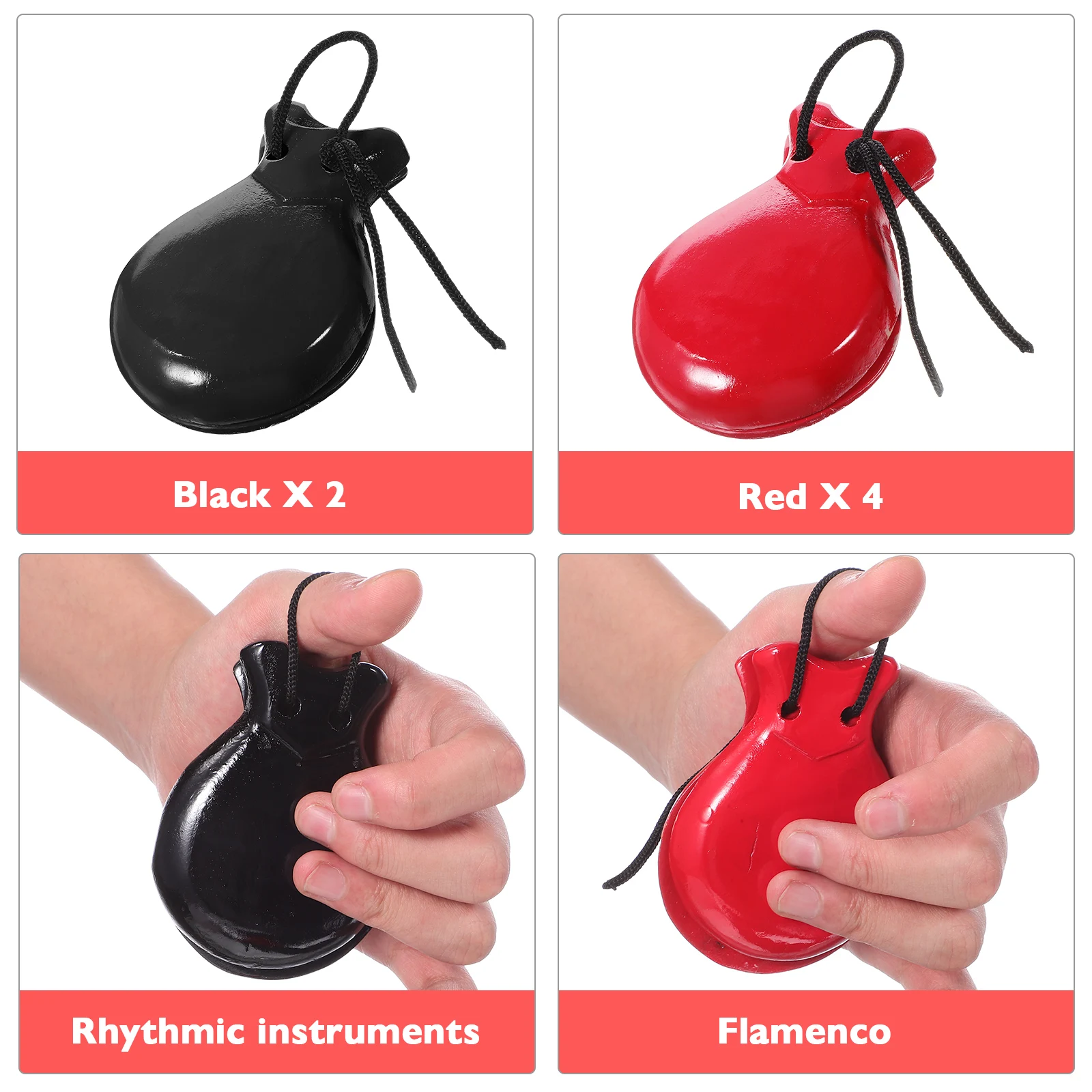 2 أزواج صنجات خشبية باللون الأسود والأحمر للأطفال آلة موسيقية ألعاب قرع صنجات الأصابع سلسة بصوت عال لعبة تعليمية فئة