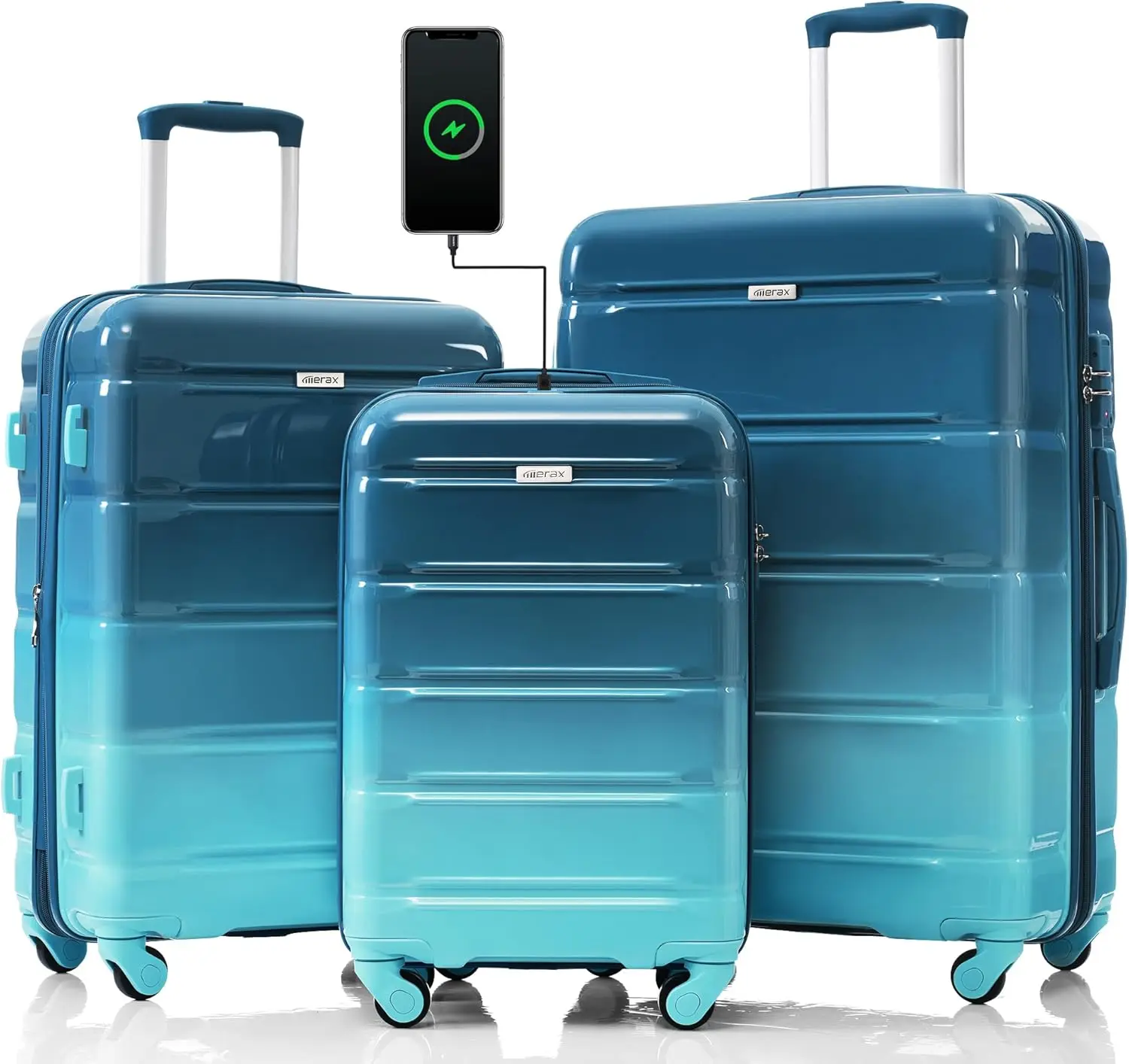 

Набор чемоданов из ABS-пластика с жестким корпусом, колесами-спиннерами, USB-портом и замком TSA для путешествий