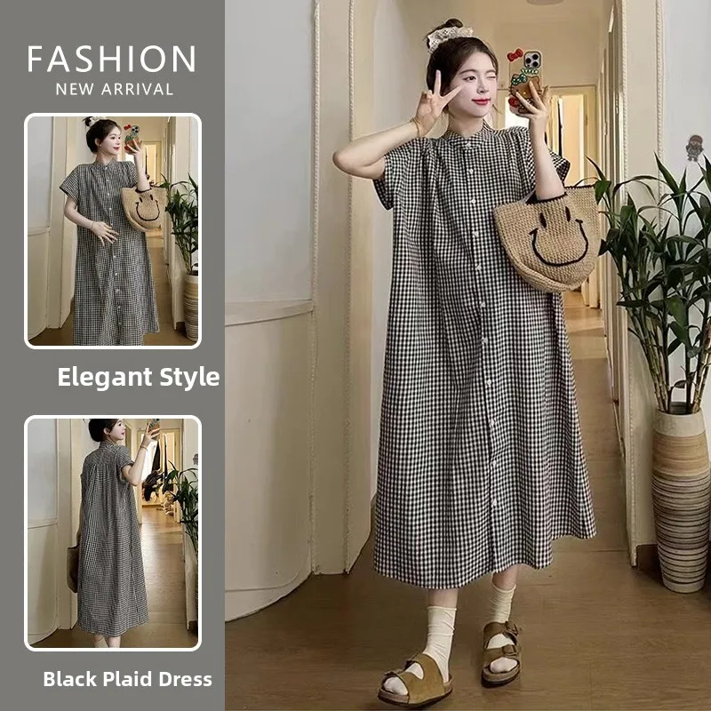 Maternity Plaid Shirt Dress Women Loose Midi Short Sleeve A-Line Spring New Korean Style Commute Polyester Fiber Long Skirt