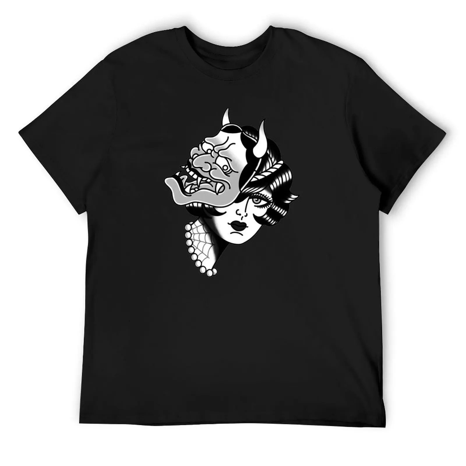 Black and White Beautiful lady with Hannya Mask Tattoo T-Shirt essential t shirt designer shirts men graphic t shirts