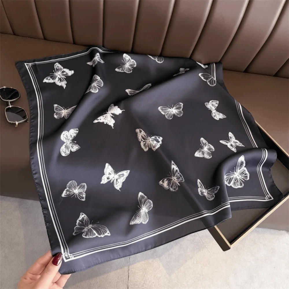 Versatile Elegant Women Scarf Square Shape Silk Imitation Neckerchief Butterfly Print Silk Scarf Women Accessories