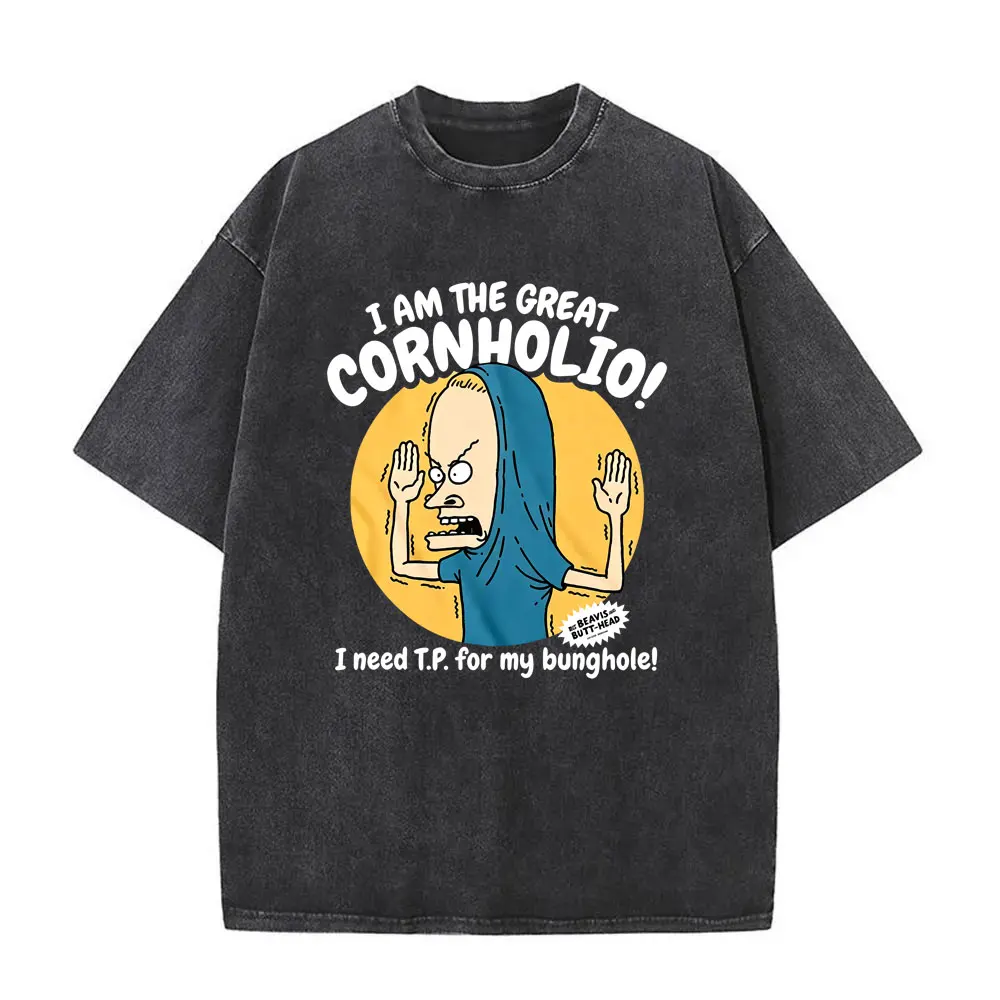 I Am The Great Cornholio Funny Meme T-shirt Beavis and Butt Head Vintage Washed T Shirts Men's Women Casual Oversized T-shirts