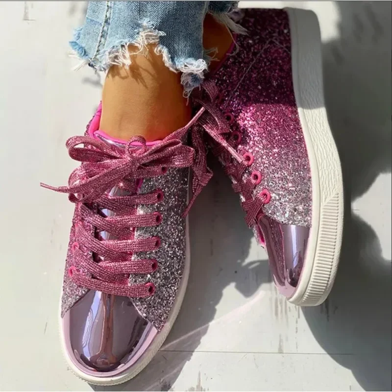 Wome\'s Sneakers Bling Golden Shoes Casual Female Breathable Lace Up Outdoor Sport Tennis Women Vulcanize Shoes Zapatos De Mujer