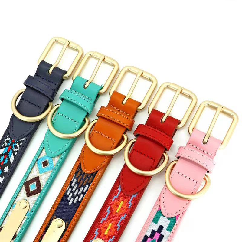 Genuine leather, ethnic style, embroidered and customizable pet fashion collar pet fashion design