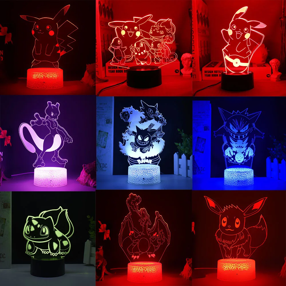 Pokemon Gengar Haunter Gastly 3D Lamp Anime LED Night Light USB Color Changing Luminaria Illusion Sleeping Table Lamps Kids Gift