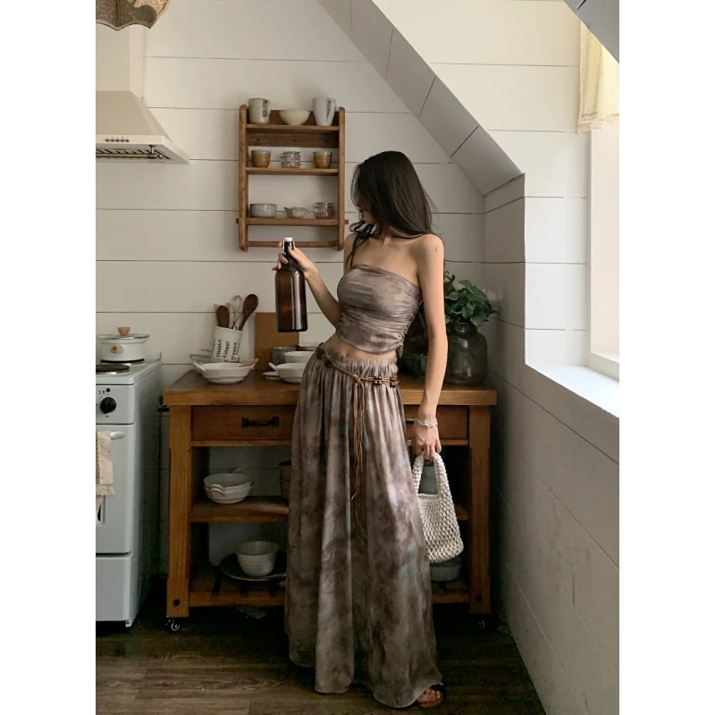 

Summer Apricot Vest Skirt Womens Tie-dyed Two Piece Set Fashion Y2K Belt 2023 NEW Female Temperament Elegant Party Long Dress