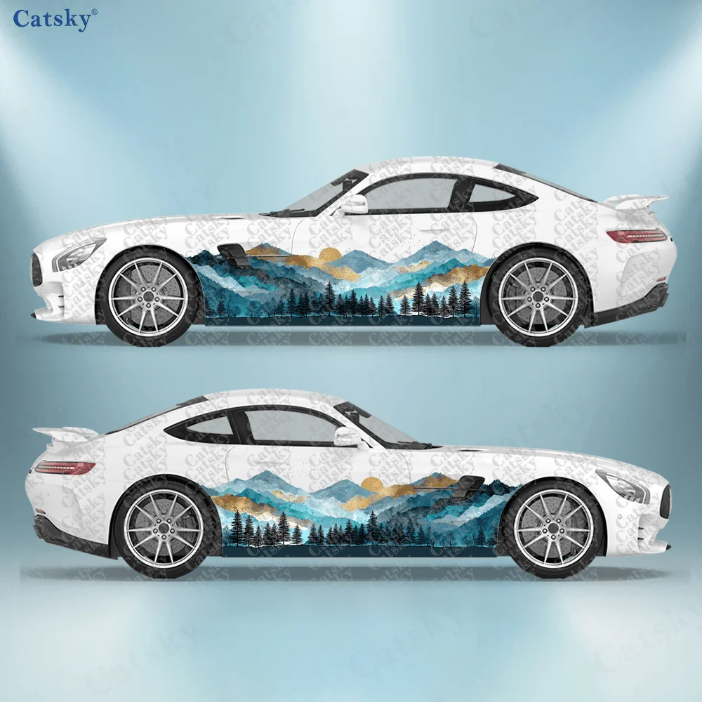 Blue Mountain Peak Tree Car Vinyl Wraps Decal Self-adhesive PVC Sticker Suitable for Trucks SUV Decoration Auto Accessories Gift