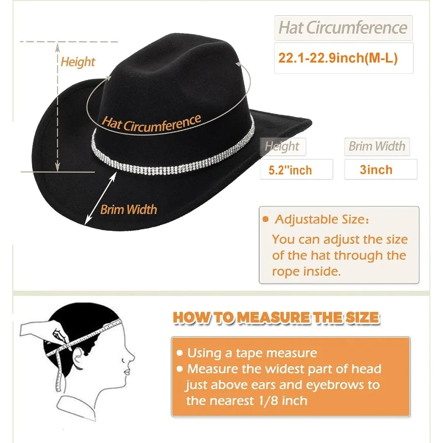 キラキラ輝くシルバーブラックのカウボーイハット 女性用 エレガントなウエスタンラインストーンカウガールハット レディース用 MLサイズ ロッドに最適