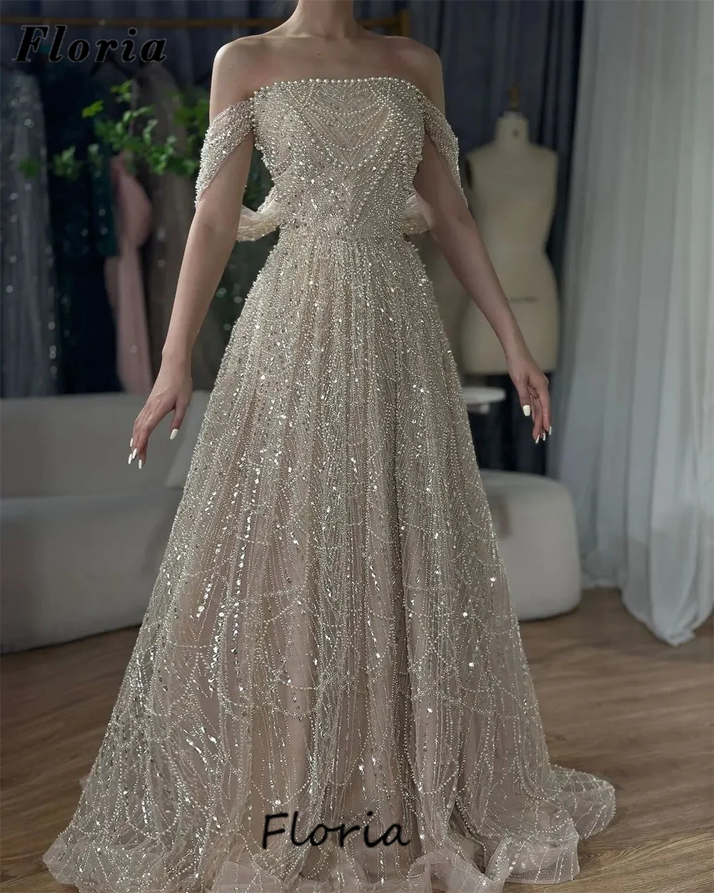 Arabic Off Shoulder A Line Prom Dresses Haute Coutures Beaded Pearls Evening Dress Dubai Women Wedding Party Gowns Abiti Da Sera