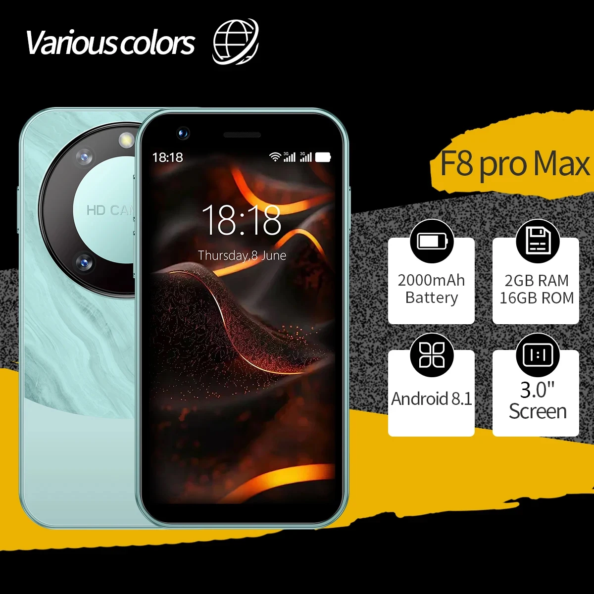 F8PROMAX Mini Android smartphone, 3 inches, Android 8.1 system, PlayStore, compact and portable, pocket-sized.