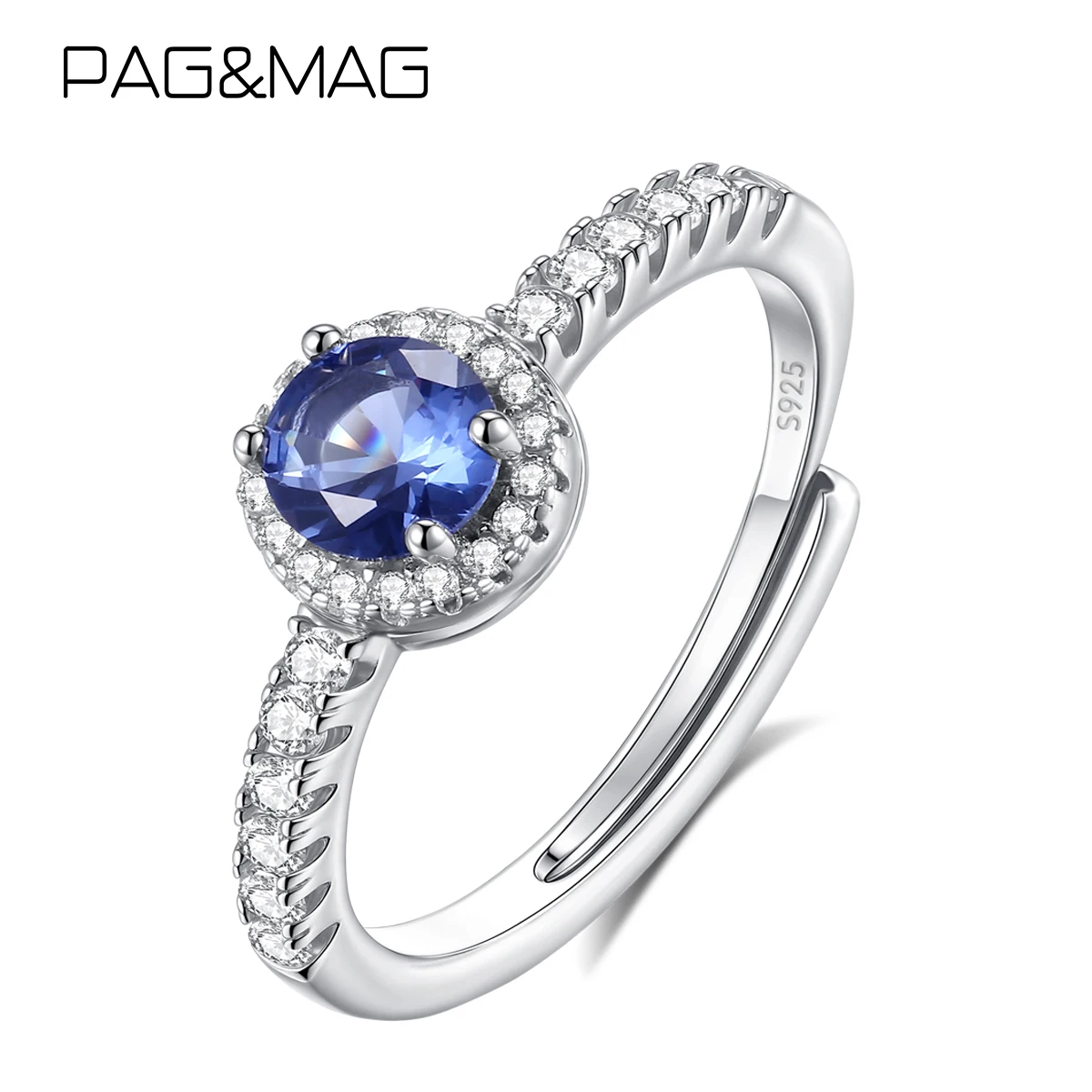 

PAG&MAG Vintage S925 Round Finger Rings Classic Blue Gemstone Open Ring for Women Bridal Wedding Party Luxury Jewerly Decoration