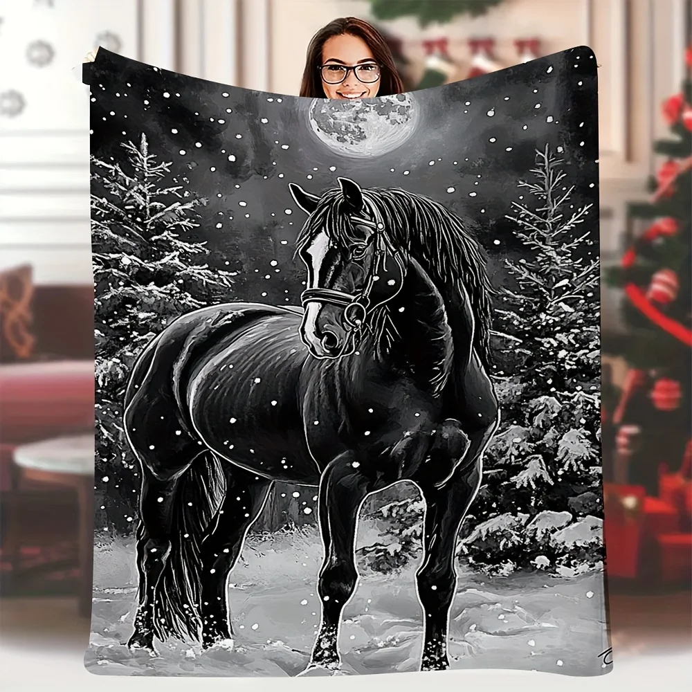 1pc Soft Single-Sided Friesian Horse Print Blanket, 60x80 Inch - Black and White Winter Scene with Full Moon, Perfect for Sofas