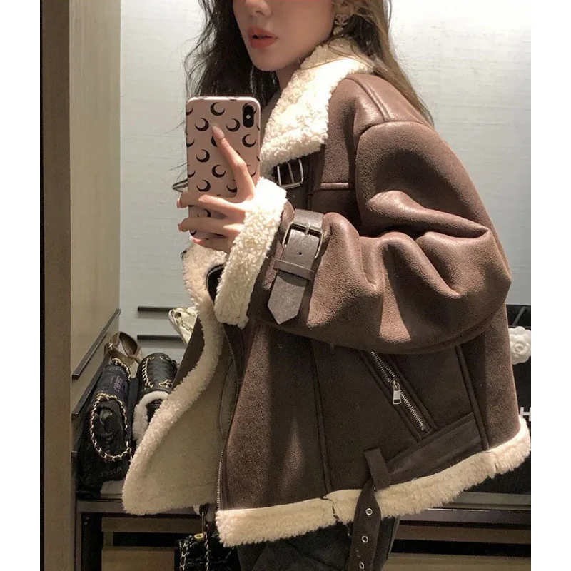 Autumn Winter New Stitching Lambswool Jackets Women's Short Overcoat Loose Casual Cardigan Coat Female Thick Warm Parker Jacket