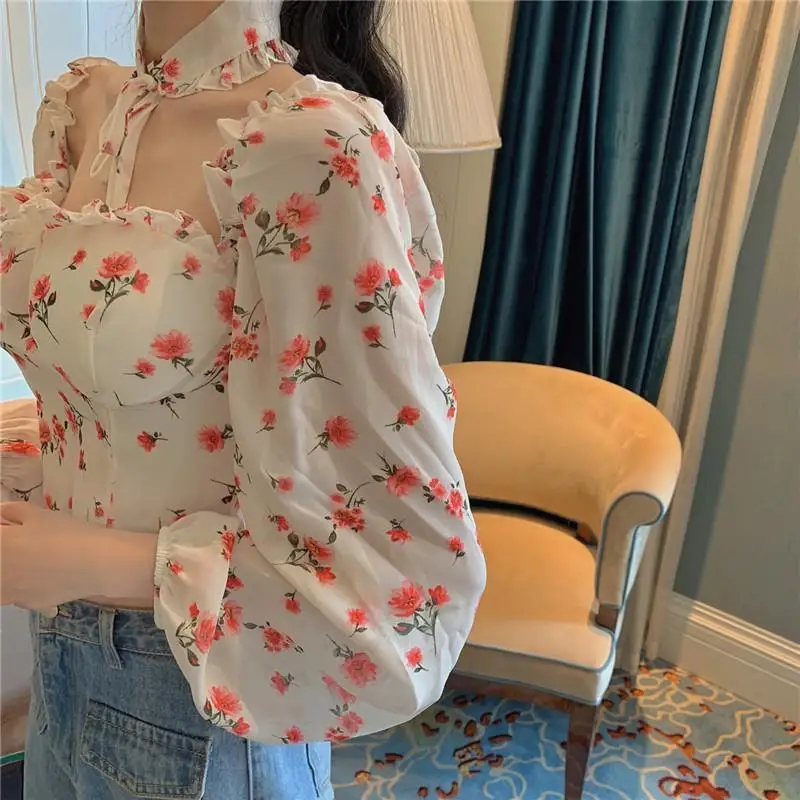 Blouses Women Tunic Cropped Floral Design Chiffon Spring Sweet Vintage Casual Holiday French Tender All Match Girlish Tops Y2k